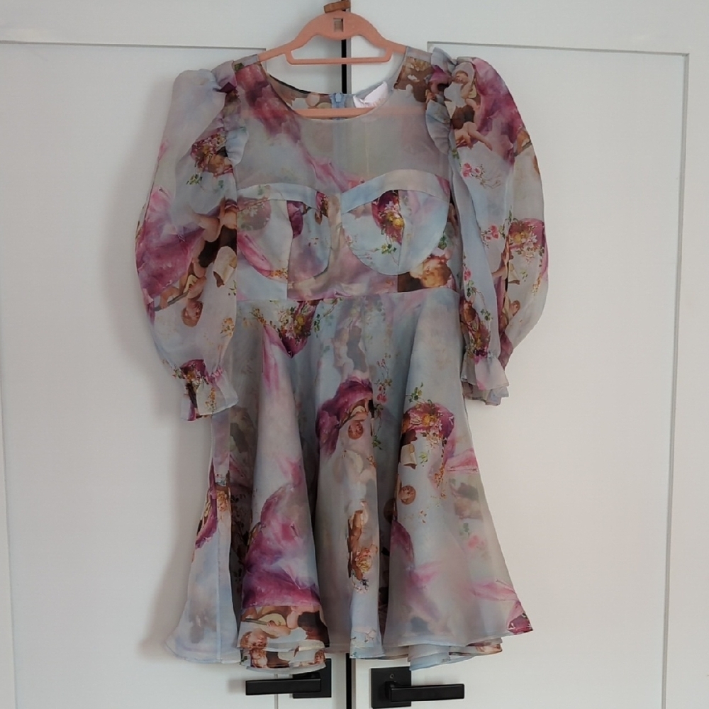 Blue and Purple Floral Midi Dress with Ruffled High Collar